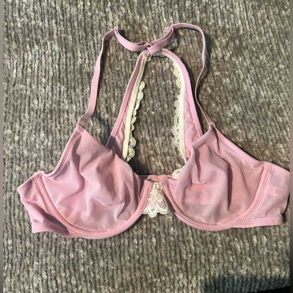 Aerie Happy American Eagle Mesh Unlined Lace Trim Bra with Underwire Pink